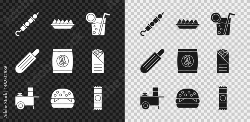 Set Grilled shish kebab, Nachos in plate, Cocktail, Fast street food cart, Burger, Chocolate bar, French hot dog and Hard bread chucks crackers icon. Vector