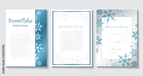 A set of silver and blue snowflake invitation designs
