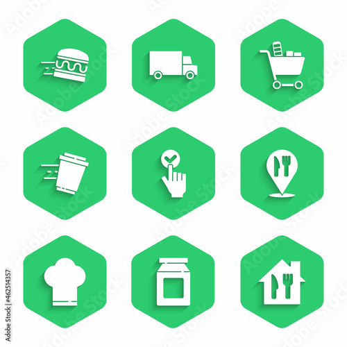 Set Online ordering and delivery, Cafe restaurant location, Chef hat, Coffee cup to go, Shopping cart food and burger icon. Vector