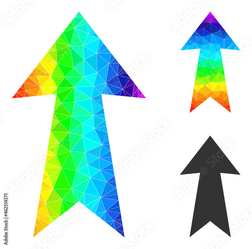 lowpoly arrow up icon with spectral vibrant. Spectrum vibrant polygonal arrow up vector is filled of random vibrant triangles. Flat geometric lowpoly abstraction created from arrow up icon.