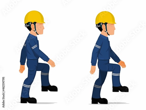 set of industrial worker is stepping up the stair on white background