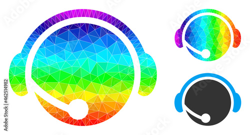 lowpoly call center operator icon with spectrum vibrant. Rainbow colored polygonal call center operator vector is filled with random vibrant triangles.