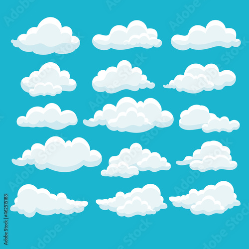 Fototapeta Naklejka Na Ścianę i Meble -  Cartoon white clouds icon set isolated on blue