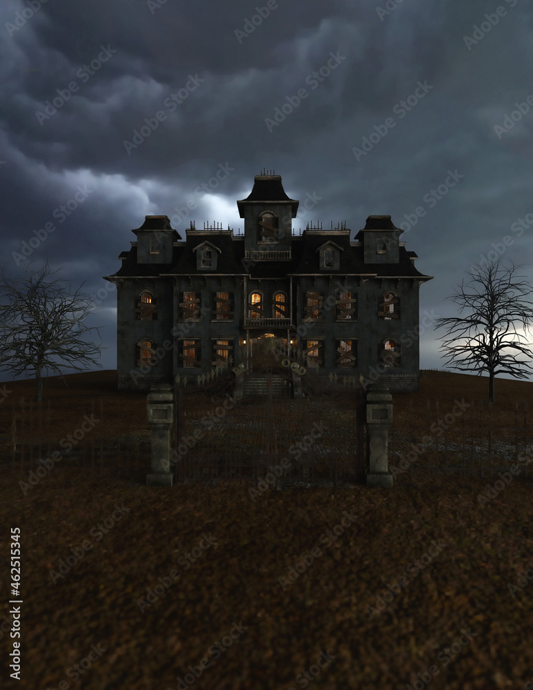 Abandoned and dilapidated spooky mansion with an iron gate, illuminated windows and wooden shelves on the windows under a dark cloudy sky. 3D rendering. - obrazy, fototapety, plakaty 
