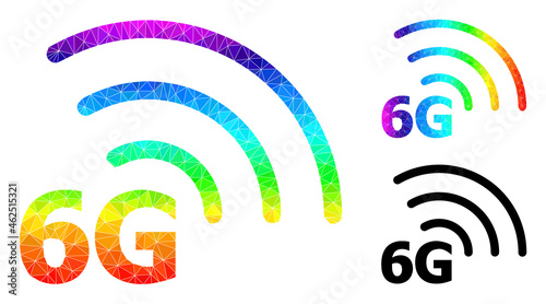 lowpoly 6G internet icon with spectral vibrant. Spectral colorful polygonal 6G internet vector is filled with scattered colorful triangles.