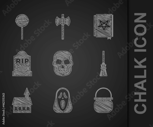 Set Skull, Funny and scary ghost mask, Halloween witch cauldron, Witches broom, Castle, Tombstone with RIP written, Ancient magic book and Lollipop icon. Vector