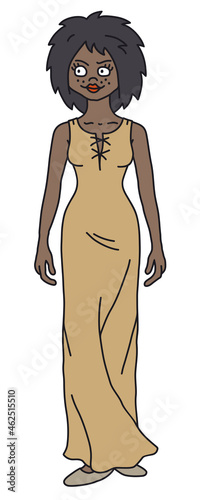 The funny gothic black lady in a beige simple long dress