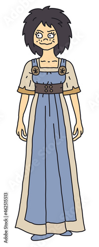The funny gothic noblewoman in a blue and beige simple long dress