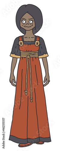The funny gothic black lady in a red simple long dress