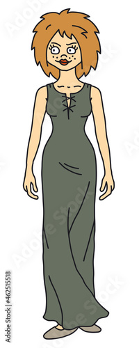 The funny redhead lady in a green simple long dress