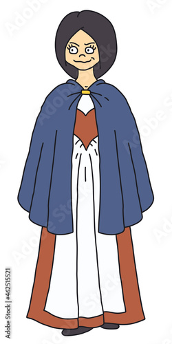 The funny baroque woman in a red and white dress and a blue cloak