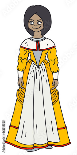 The funny baroque noblewoman in a yellow and white dress