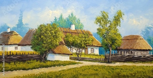 Oil paintings landscape, old village, rural house in the countryside. Fine art.