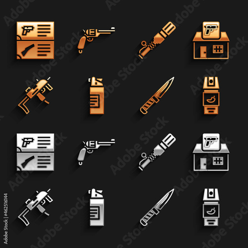 Set Weapons oil bottle, Hunting shop weapon, Pepper spray, Military knife, MP9I submachine gun, Anti-tank hand grenade, catalog and Revolver icon. Vector photo