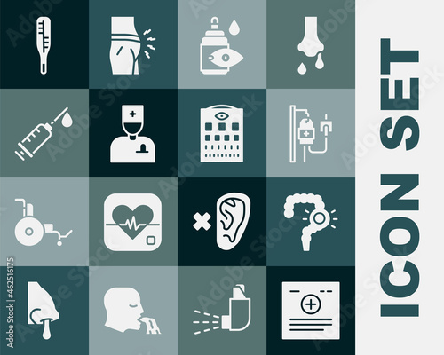 Set Clinical record, Gut constipation, IV bag, Eye drop bottle, Male doctor, Syringe, Medical thermometer and test chart icon. Vector