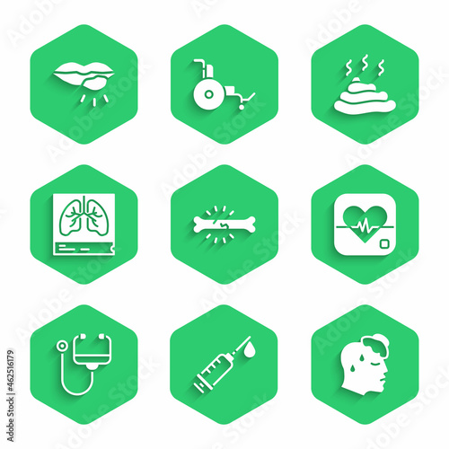 Set Bone pain, Syringe, High human body temperature, Heart rate, Stethoscope, Lungs x-ray, Shit and Herpes lip icon. Vector