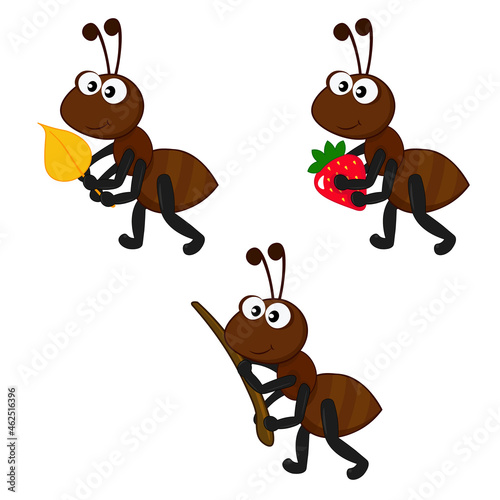 A set of ants carrying a strawberry, a twig and a leaf