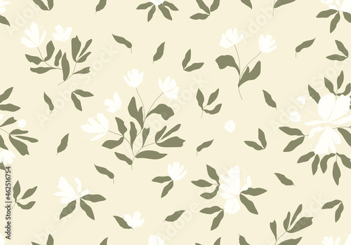 Modern botanical seamless vector pattern. Hand drawn floral illustration. Vintage wallpaper with flowers, buds and leaves. Template for cards, textile, stationery, package, and any surface design