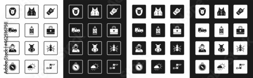 Set Walkie talkie, Spray against insects, Off road car, Wild lion, First aid kit, Hunting jacket, Mosquito and Hunter icon. Vector
