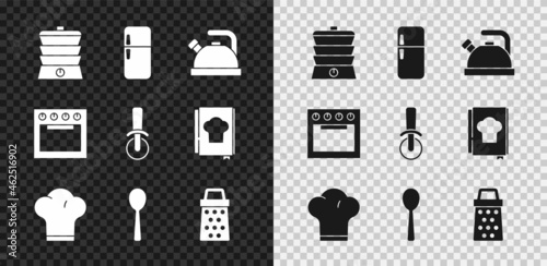 Set Slow cooker, Refrigerator, Kettle with handle, Chef hat, Spoon, Grater, Oven and Pizza knife icon. Vector