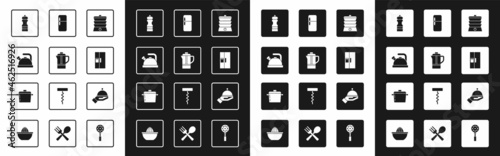 Set Slow cooker, Teapot, Kettle with handle, Pepper, Refrigerator, Covered tray and Cooking icon. Vector