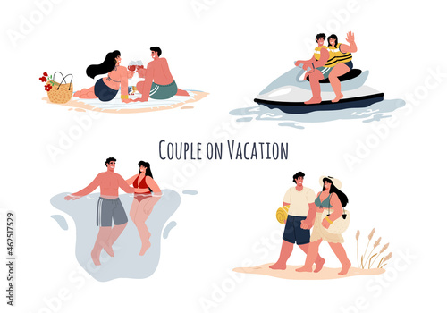 Romantic vacation for a couple at sea.A man and a woman are having an active vacation.Vector flat.