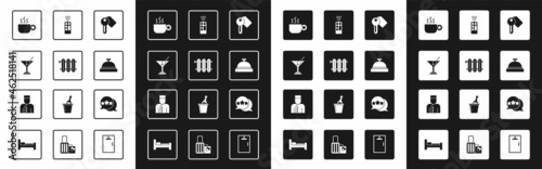 Set Hotel door lock key, Heating radiator, Martini glass, Coffee cup, service bell, Remote control, Five stars rating review and Concierge icon. Vector