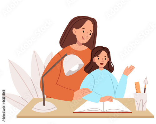 Mom teaches lessons with her daughter. Homeschooling. The family spends time together.