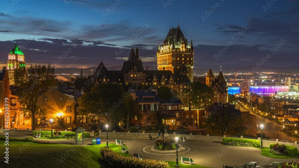 Day to night time lapse view of Quebec City during summer including historical landmark Frontenac castle in Quebec, Canada.