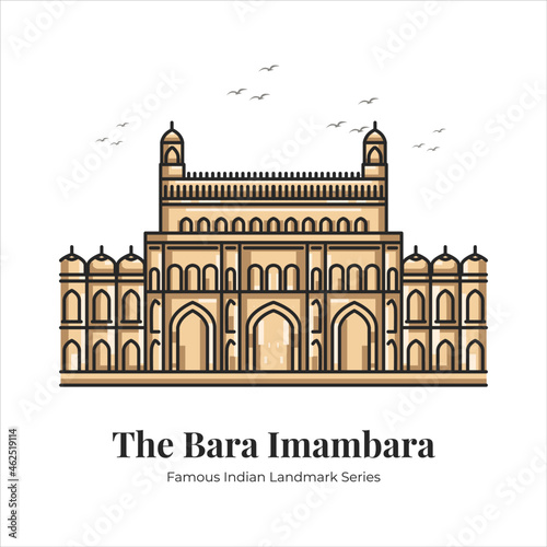 The Bara Imambara Indian Famous Iconic Landmark Cartoon Line Art Illustration