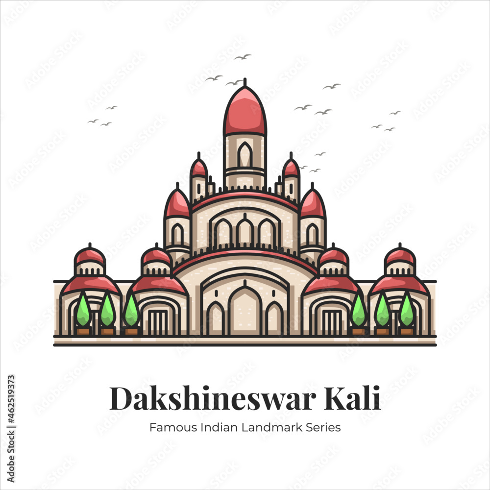 Dakshineswar Kali Indian Famous Iconic Landmark Cartoon Line Art Illustration