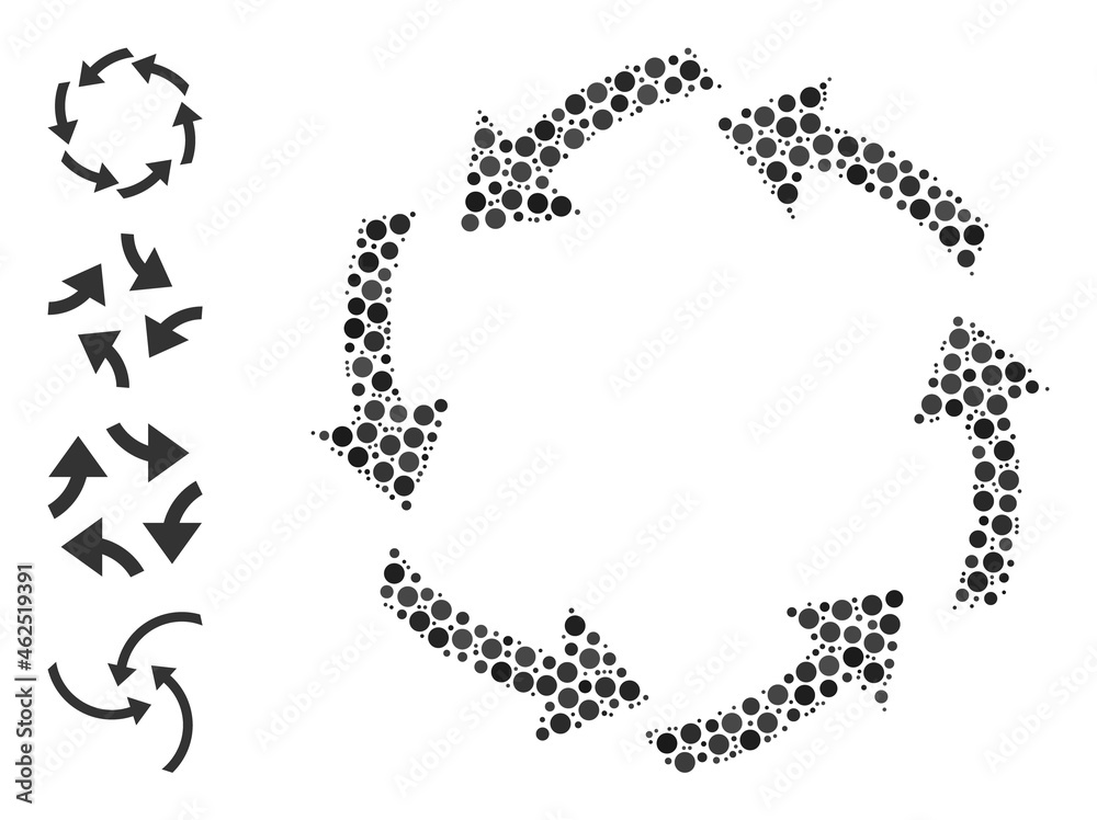 Round dot collage circulation. Vector mosaic is based on circulation icon, and constructed from scattered round dots. Vector icon of circulation constructed of scattered circle pixels. Round dot collage circulation. Vector mosaic is based on circulation icon, and constructed from scattered round dots. Vector icon of circulation constructed of scattered circle pixels.