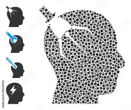 Circle mosaic brain intruder. Vector mosaic is based on brain intruder icon, and designed with scattered circle elements. Vector icon of brain intruder composed with random circle items.