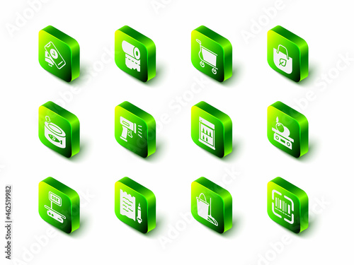 Set Toilet paper roll, Shopping cart, bag with recycle, Electronic scales for product, Scanner scanning bar code, Commercial refrigerator, Mop and bucket and list pencil icon. Vector