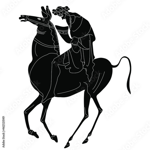 Silhouette of ancient Greek rider. God Dionysus riding a horse. Vase painting motif. Black and white linear silhouette. Isolated vector illustration. 