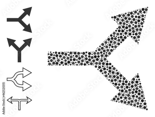 Circle collage bifurcation arrow right. Vector collage is based on bifurcation arrow right symbol, and constructed with random circle items.