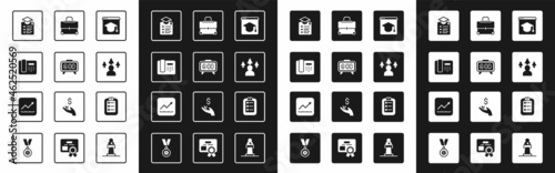 Set Online education, Digital alarm clock, Telephone 24 hours support, Front end development, Briefcase, To do list planning and Financial growth increase icon. Vector