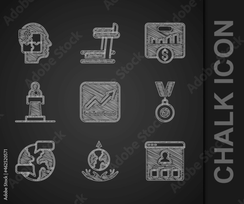 Set Financial growth increase, World expansion, Online education, Medal, Worldwide, Speaker, Key performance indicator and Head puzzles strategy icon. Vector