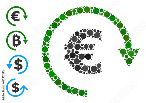 Circle mosaic Euro repay. Vector collage is based on Euro repay icon, and organized with randomized spheric elements. Vector icon of Euro repay created of randomized spheric dots.