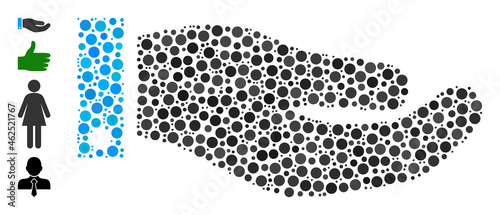 Round dot collage hand. Vector collage is based on hand icon, and designed of scattered spheric items. Vector icon of hand created of random round points.