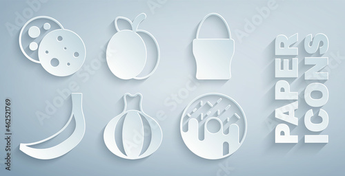 Set Onion, Chicken egg stand, Banana, Donut, Plum fruit and Cookie with chocolate icon. Vector