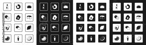 Set Taco with tortilla, Scrambled egg, Cracker biscuit, Tabasco sauce, Cheese, Shrimp, Lemon and Avocado fruit icon. Vector