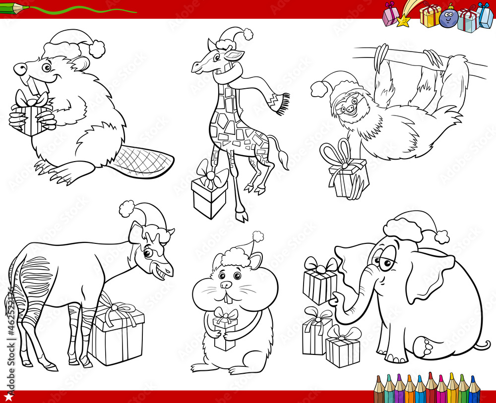 set of cartoon animals with Christmas gifts coloring book page set of cartoon animals with Christmas gifts coloring book page