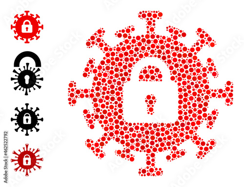 Rounded dot mosaic contagious lockdown. Vector collage is based on contagious lockdown icon, and made of randomized circle elements.