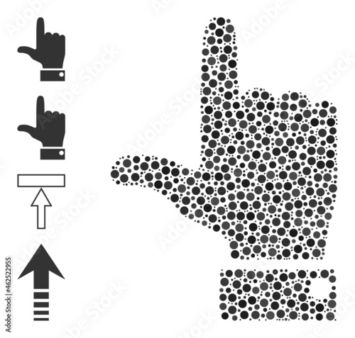 Round dot collage hand pointer up. Vector collage is based on hand pointer up symbol, and constructed with randomized circle elements.