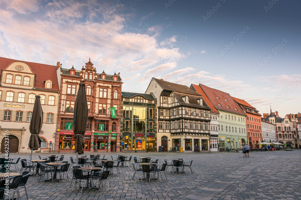 QUEDLINBURG, GERMANY, 28 JULY 2020: beautiful market square with half timbered houses at twilight