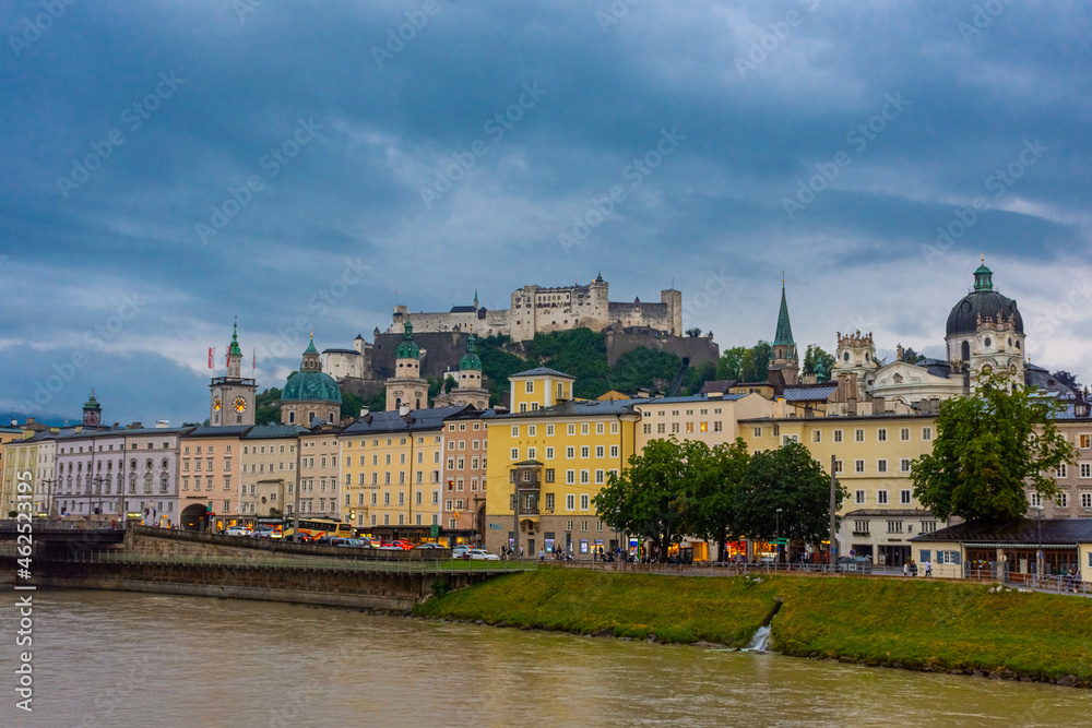 SALZBURG, AUSTRIA, 2 AUGUST 2020: Beautiful landscape of the Salzburg Castle and the Salzach River