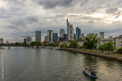 FRANKFURT, GERMANY, 25 JULY 2020:  View on the financial district with Main river in Frankfurt city