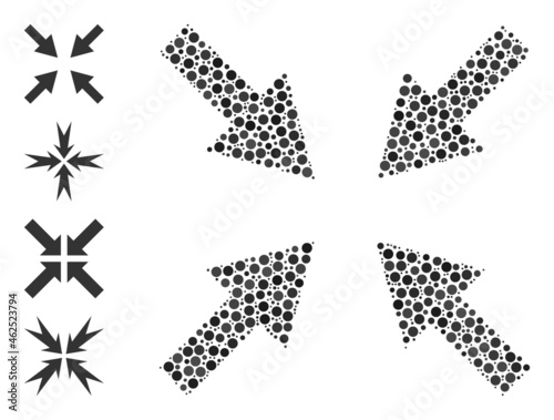 Circle collage compress arrows. Vector collage is based on compress arrows icon, and formed of random circle elements. Vector icon of compress arrows composed of random round elements.
