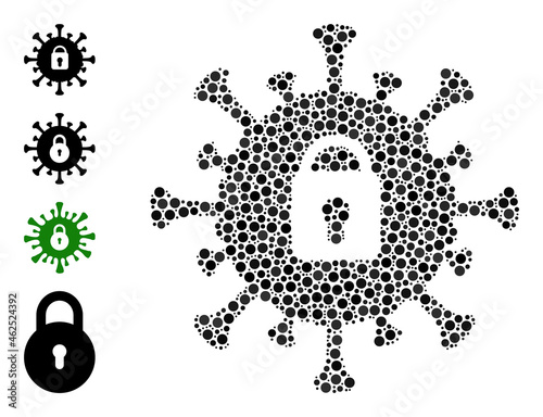 Circle composition covid lockdown. Vector mosaic is based on covid lockdown icon, and formed of randomized spheric elements. Vector icon of covid lockdown combined of irregular spheric elements.